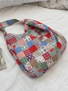 Retro ethnic style colorful patchwork canvas tote bag with large capacity for women