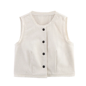 Women's cream white sleeveless linen vest with raw hem and black buttons set