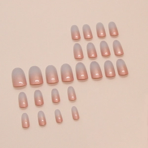 Gradient pink and grey press-on nails with pearl luster, 24-piece set in oval shape