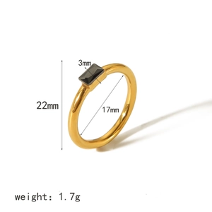 Detailed view of 18K gold plated stainless steel ring with black zircon size parameters