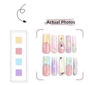 Detailed view of handmade 3D colorful press-on nails with butterflies and pearls