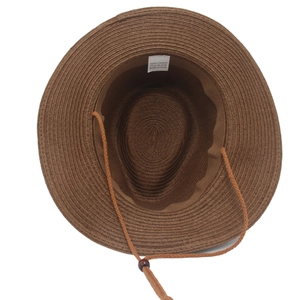 Dark brown woven paper straw fedora hat with adjustable windproof lanyard for men