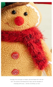 Macro shot of gingerbread gnome plush detail with red fluffy scarf and soft sherpa fabric