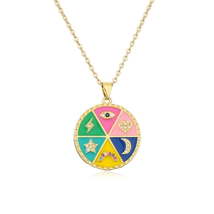 Bohemian gold plated necklace with celestial enamel pendant featuring stars and moon