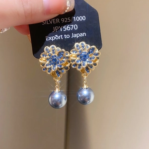 Detail of 925 silver flower earrings with blue rhinestones and a grey pearl pendant