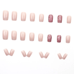 Rosa Glitzer-Nagelset mit Silberverlauf, 24 Stück quadratisch-ovale Kunstnägel