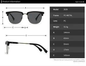 Detailed size chart for square frame sunglasses with PC and metal temple measurements
