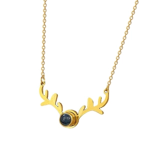 Minimalist titanium steel deer horn necklace with gold plating and projection stone