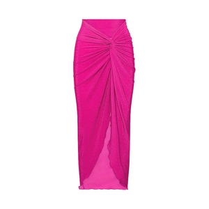 Detail of rose red high-waist skirt with knot twist design and asymmetric slit detail