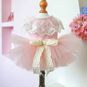 Pet Dog Cat Princess Dress Lace Mesh Tutu Skirt Pink Bow Elegant Fairy Puppy Wedding Party Apparel