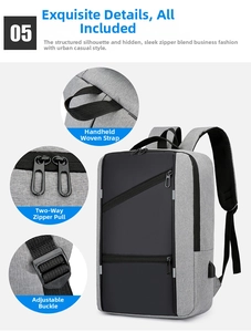 Detail view of reinforced top handle, hidden zippers, and buckle on a grey business backpack