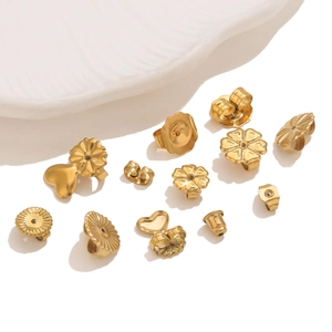 Variety set of 14 golden stainless steel earring backs in flower and heart shapes