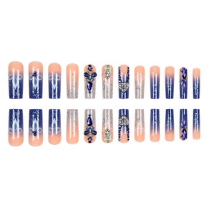Starry sky gradient press-on nails with blue rhinestones and heart charms in 24pcs set