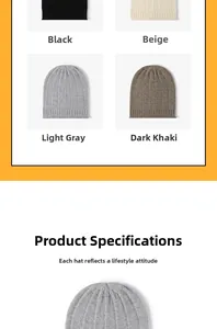 Detailed view of knitted wool beanies showing texture in black, beige, gray and khaki