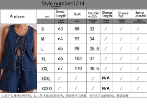 Detailed size chart for denim sleeveless top and shorts set with measurement guide