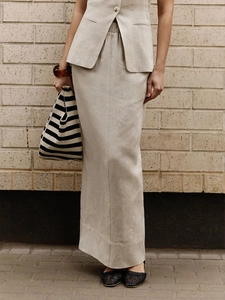 Beige buttoned vest and high-waist slit midi skirt set in minimalist linen fabric