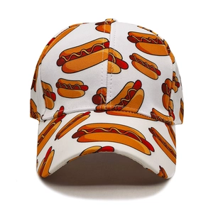 White baseball cap with colorful hot dog patterns and curved brim for outdoor sun protection