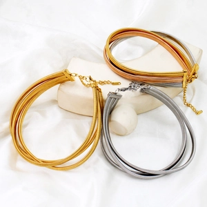 Triple layer stainless steel snake bone chain necklace in gold silver and rose gold tones