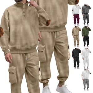 Pullover In Maglia A Nido D'Ape E Pantaloni Cargo Uomo Manica Lunga Collo Alto Con Toppe Sui Gomiti Completo Casual Sportivo