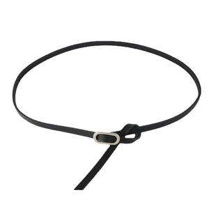 Slim black leather waist belt with silver oval buckle and knotted tie for women's dresses