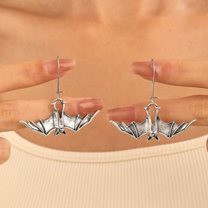 Gothic bat dangle earrings in antique silver finish for women’s rock jewelry style