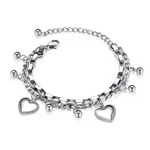 Stainless Steel Double Layer Chain Bracelet With Heart Charm And Beads Elegant Adjustable Fashion Jewelry For Women