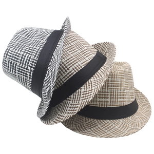 Three breathable straw fedora hats in plaid patterns with black ribbon for men
