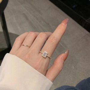 Elegant gold-tone square zircon open ring set worn on hand with minimalist band