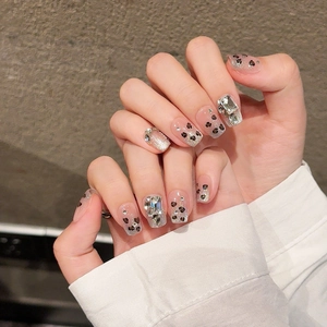 Faux ongles faits main œil de chat léopard avec paillettes argentées et strass de luxe