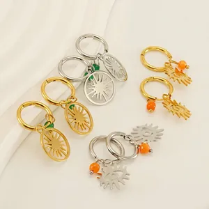 Evil Eye Sunburst Hoop Earrings 18K Gold Plated Stainless Steel With Natural Stone Bohemian Hollow Dangle Jewelry For Women