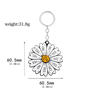Detail view of daisy social battery spinning keychain with enamel finish and clear text