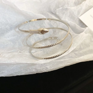 Detailed view of silver snake-shaped spiral bracelet with textured head on white paper