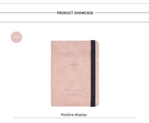 Pink PU leather passport holder with elastic band and airplane stamp detail