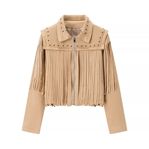 Damen Vintage Wildleder Quasten Jacke Western Fransen Kurze Bikermantel Mit Nieten Reißverschluss Revers Streetwear