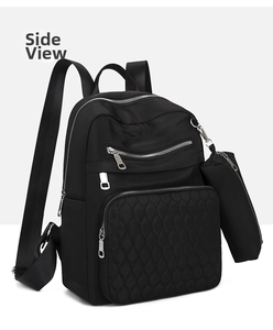 Sac à dos matelassé en tissu oxford noir avec pochette latérale grande capacité style.