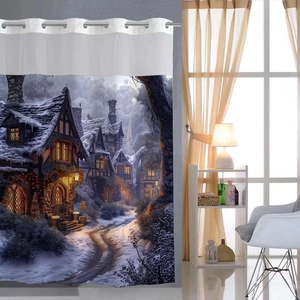 Detail showing metallic eyelets and snowy European village print on the shower curtain