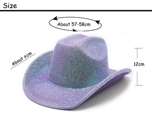 Detailed size specifications for the purple sequin cowboy hat with 8cm brim