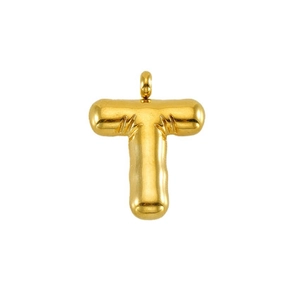 Detail of 3D balloon-style letter T pendant with a polished 14K gold finish