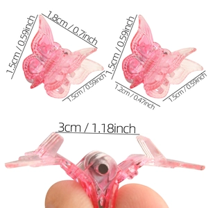 Mini pink gradient butterfly hair clips with metal spring and product size measurements