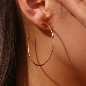 Close-up of model wearing gold star-shaped earrings with a large circular hoop design