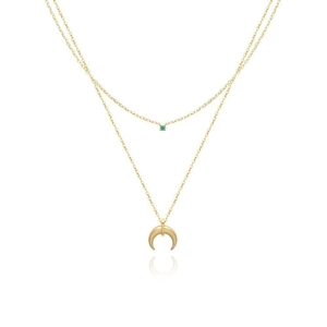 Double-layered 18K gold plated steel necklace with green gem and crescent moon pendant
