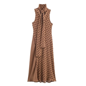 Vintage brown polka dot midi dress with high neck bow tie and sleeveless design
