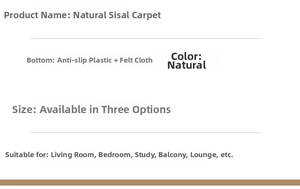 Detailed chart showing natural sisal rug specifications and non-slip felt backing details