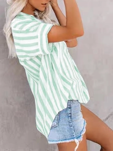 Side view of loose casual striped short sleeve shirt with high-low hem and green stripes