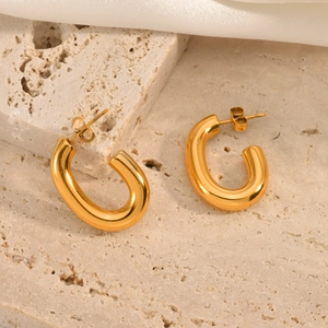 Polished 18K gold plated stainless steel chunky U-shaped hoop earrings for women