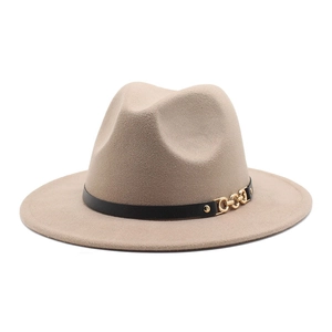 Classic beige wool fedora hat featuring a black leather band and gold chain detail