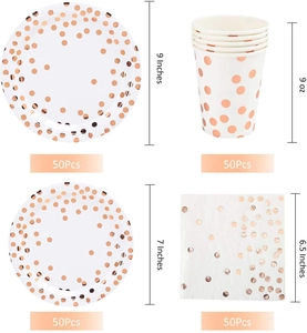 White party tableware set with rose gold foil polka dots including plates and cups
