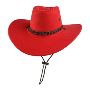 Classic red felt cowboy hat with brown braided band and adjustable chin strap