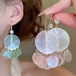 Mother Of Artificial Pearl Tassel Drop Earrings Geometric Round Dangle Zircon Inlay Gold Plated Copper With Silver Earring Post For Women