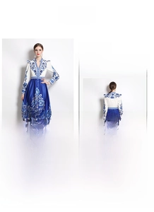 Detailed front and back view of long-sleeved dress with blue and white porcelain print